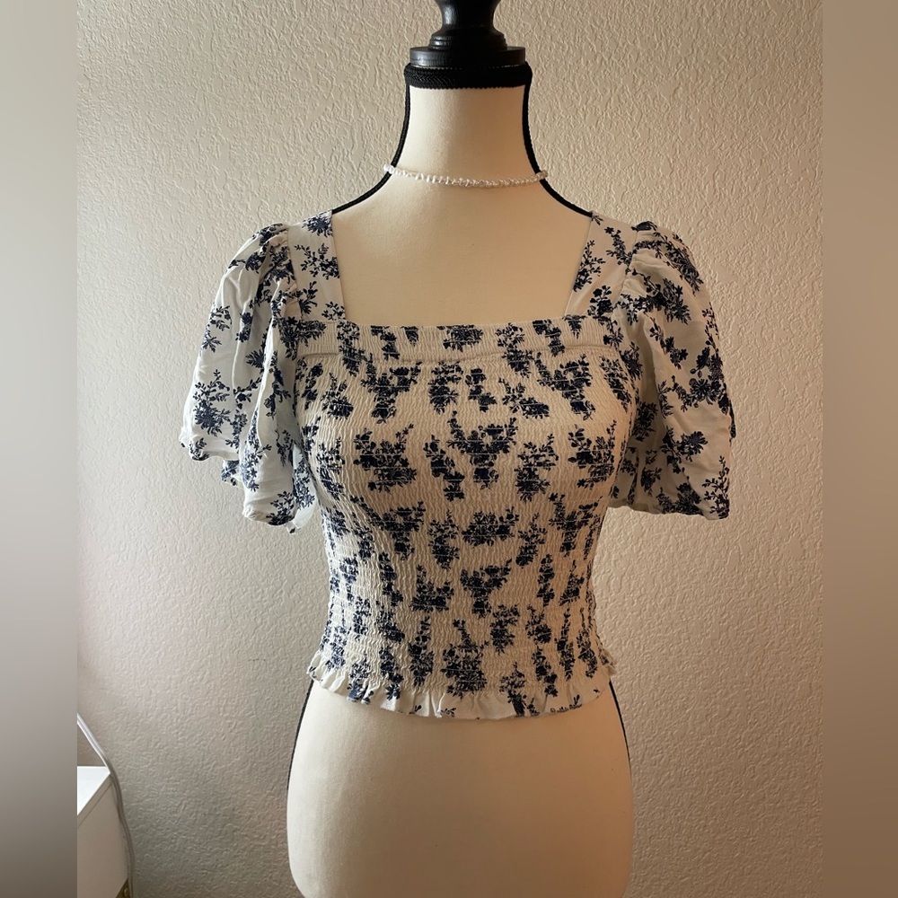 Forever 21 Blue Floral Smocked Blouse